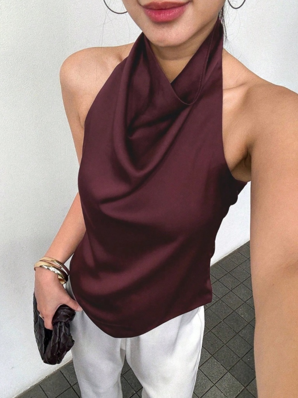 Red Violet Satin Cowl Halter Draped Neck Low Back Blouse Top